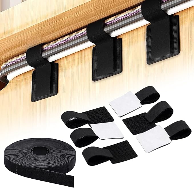 40+1 Hook and Loop Cable Ties, Sticky-Back Cord Organizer, Cable Clip, Self Adhesive Hook and Loop Cable Straps, Cable Management Under Desk, Adjustable Nylon Wire for Home, Office (Black)