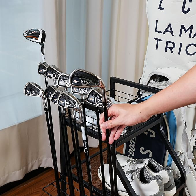 A11N SPORTS Golf Bag Stand for Garage with 4 Hooks & Club Holder, Golf Organizer for 2 Bags, Rolling Storage Rack with Wheels, Heavy-Duty All-Metal Frame