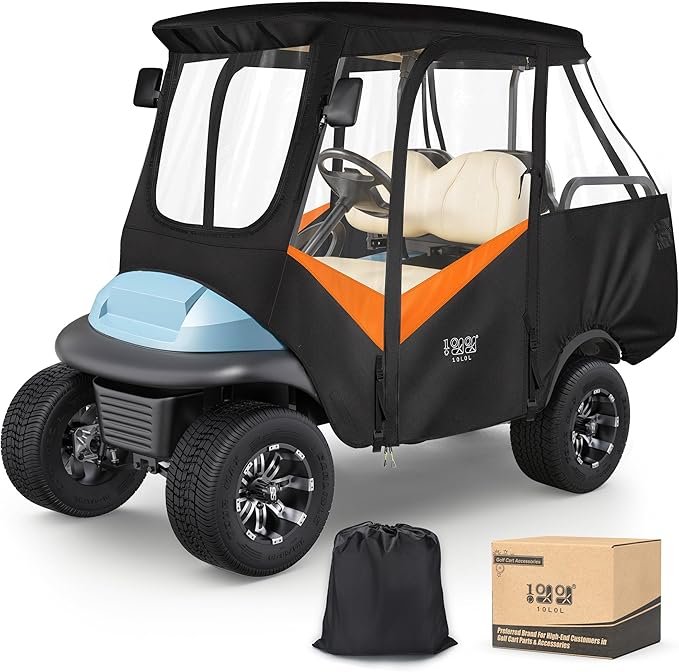 10L0L 4 Passenger Golf Cart Driving Enclosure for Club Car Precedent with Short Roof Up to 57", 4-Sided Clear Window 600D Rain Cover All Weather Windproof Waterproof - Black with Orange