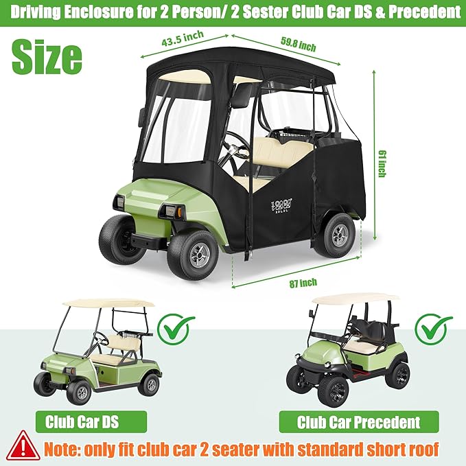 10L0L Golf Cart Driving Enclosure for 2 Passenger Club Car DS & Precedent, Waterproof Windproof Oxford Cloth 4-Sided Full Protection Club Car Rain Cover Weather Enclosure (Black/Transparent)