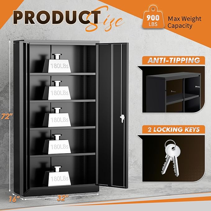 INTERGREAT Metal Storage Cabinet, 72" Locking Steel Cabinets with 2 Door and 4 Adjustable Shelves, Tall Metal Cabinet for Home Office, Garage, Warehouse, Black
