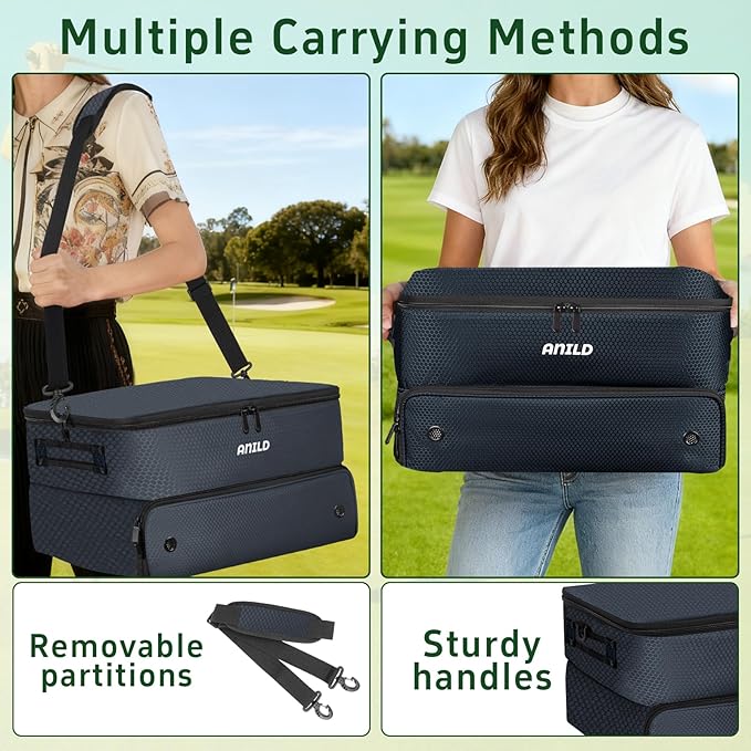 ANILD Golf Trunk Organizer, 2 Layer Golf Storage Case with Separate Ventilated Compartment for 2 Pair Shoes, for Balls, Tees, Clothes, Gloves, Accessories, Golfer Gifts