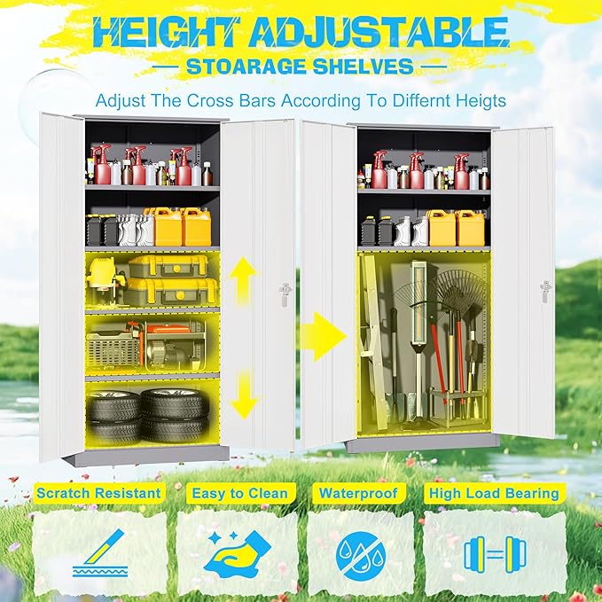 Pataku Metal Storage Cabinet, 72" Garage Cabinet with Doors and Shelves Lockable Steel Multifunctional Cabinets, File Cabinets for Home, Office, Garage, Warehouse(White Grey)