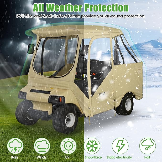 10L0L Golf Cart Driving Enclosure for Club Car DS, 2/4 Passenger Short Roof, Waterproof Windproof Heavy Duty 600D Rain Cover with 4-Sided Clear Windows & Durable Door Zipper All-Weather Protection