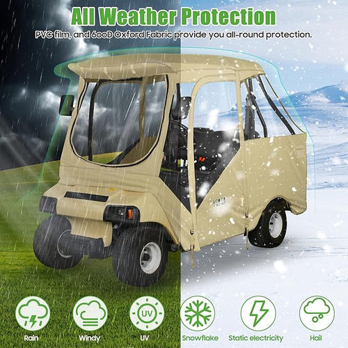 10L0L Golf Cart Driving Enclosure for Club Car DS, 2/4 Passenger Short Roof, Waterproof Windproof Heavy Duty 600D Rain Cover with 4-Sided Clear Windows & Durable Door Zipper All-Weather Protection