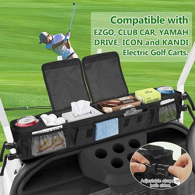 ORKELS Foldable Universal Golf Cart Storage Basket Organizer, No-Drill 1680D Inner Front Caddy for EZGO, Club Car, Kandi, and Electric Carts - Durable Black Organizer