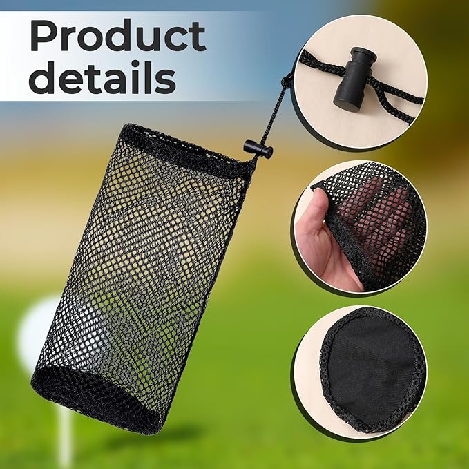 Black Nylon Mesh Golf Pouch, Golf Ball Storage Bag, Black Golfs Ball Bag, Carries 48-56 Golfs Balls, Multi-Purpose Net Pouch, With Locking Drawstring Closure