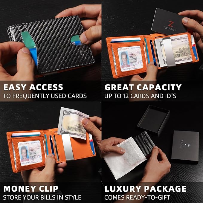 Zitahli Money Clip Wallets for Men,Slim Bifold Wallet 10-12 Cards, Mens Leather Wallet with ID Window,RFID Blocking Thin Minimalist Credit Card Holder,Gifts for Him