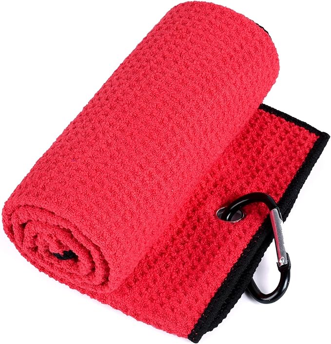 Mile High Life Microfiber Waffle Pattern Golf Towel | Club Groove Cleaner Brush | Foldable Divot Tool with Magnetic Ball Marker (Red Towel/Brush/Bone Divot)