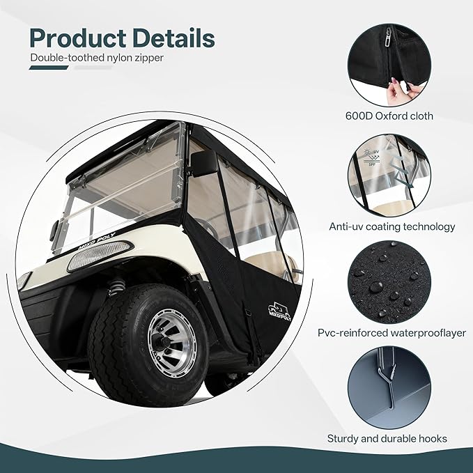 Golf Cart Enclosure Rain Cover 2&4Passenger, EZGO TXT RXV/Club Car Ds&Precedent and Yamaha, 600D Rain Cover Waterproof Windproof Snowproof and All-Weather Protection