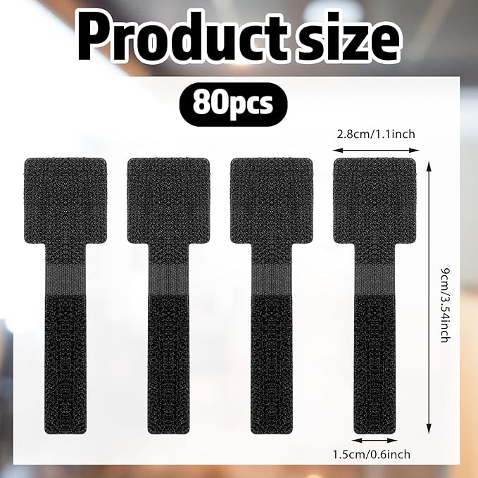 80 Pcs Hook and Loop Cable Straps, Self-Adhesive Hook and Loop Cable Ties Reusable Wire Organizers for Cords Home and Office Black