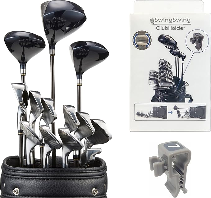 SwingSwing Premium Golf Club Holder Club Organizing Clips | 14 Clips Set with Identifying Numbered Stickers | Swivel Action Golf Club Clips for Golf Bags | Club Damage Protection, Grey