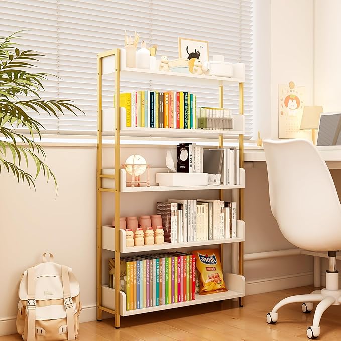 Wide Open Shelf Bookcase - Modern 5-Tier Freestanding Display Bookshelf with Three-Side Panels for Home and Office, Storage Shelving in Warm White with Gold Frame