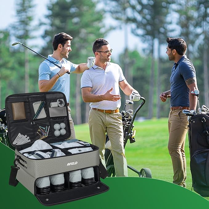 ANILD Golf Trunk Organizer, 2 Layer Golf Storage Case with Separate Ventilated Compartment for 2 Pair Shoes, for Balls, Tees, Clothes, Gloves, Accessories, Golfer Gifts