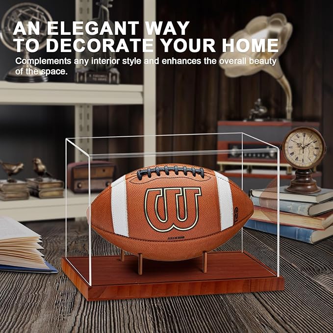 Football Display Case, Acrylic Football Case Clear, UV Protected Display Case with Solid Wood Base Stand for Full Size Signed Football Holder, Football Display Box for Football Fans & Collectors
