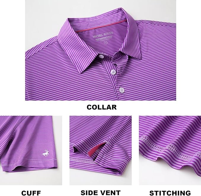 Mens Golf Shirt Moisture Wicking Dry Fit Performance Sport Short Sleeve Striped Golf Polo Shirts for Men