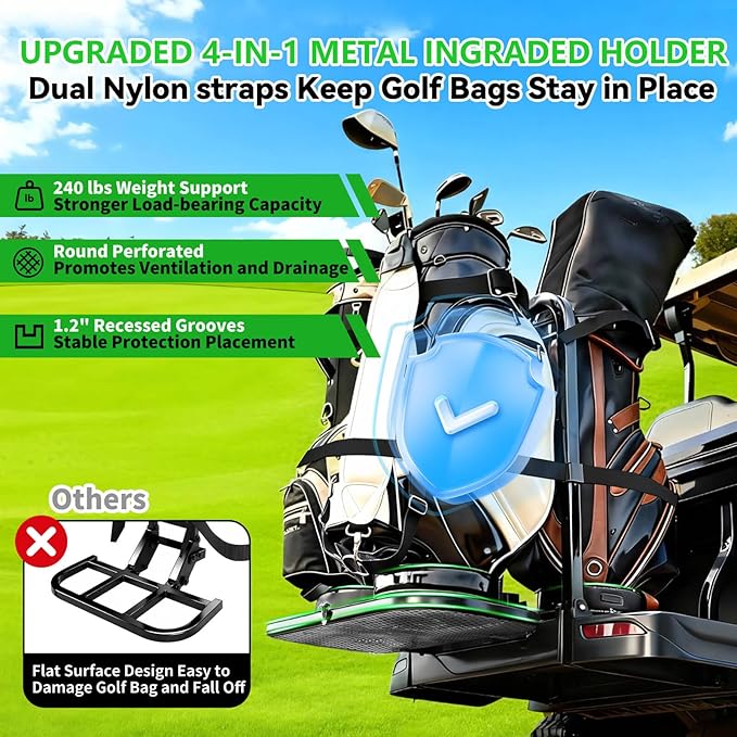 Golf Cart Bag Holder Bracket Upgraded Metal Attachment for 2+2 Rear Seat with 1 Inch Square Rail Golf Cart, No Drilling Required Golf Bag Rack for EZGO Club Car Yamaha Included All Hardware