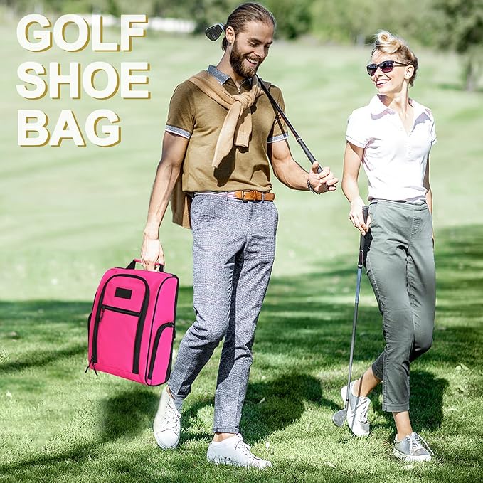 Goloni 2Pcs Golf Shoe Bag for Men & Women, Padded Travel Shoe Bag with Side Accessory Pockets,Sport Shoe Carrier for Golf Shoes,Socks,Tees & Balls,Durable & Lightweight Design (Black+Pink)