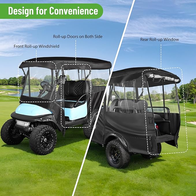 10L0L 4 Passenger Golf Cart Enclosure - 86" Roof Fit, Universal Golf Cart Cover for Yamaha Club Car EZGO,Waterproof 600D Rain Cover,Transparent Tail Light Panel,Foldable Door,4-Sided Clear Windows