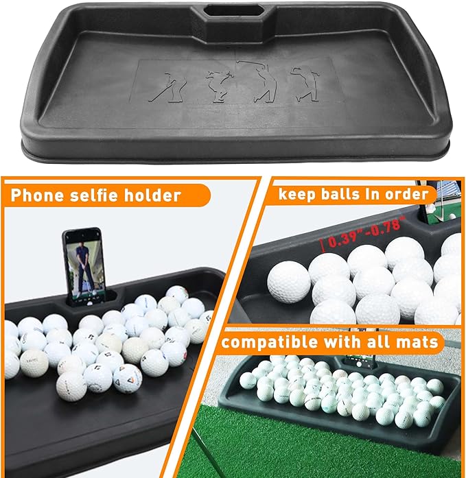 Heavy Duty Golf Ball Tray - with Cell Phone Holder Record Golf Swing - 100 Ball Capacity - High Impact Rubber Golf Tray Compatible with All Hitting Mats