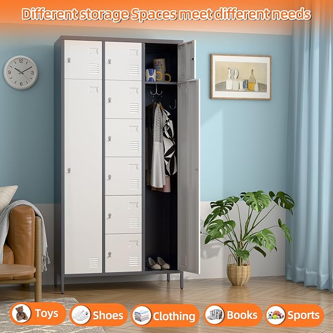 METAN Metal Locker for School Office Gym Bedroom, 10 Doors Steel Storage Locker Cabinet for Employees, Industrial Storage Locker, Assembly Required (Gray White)