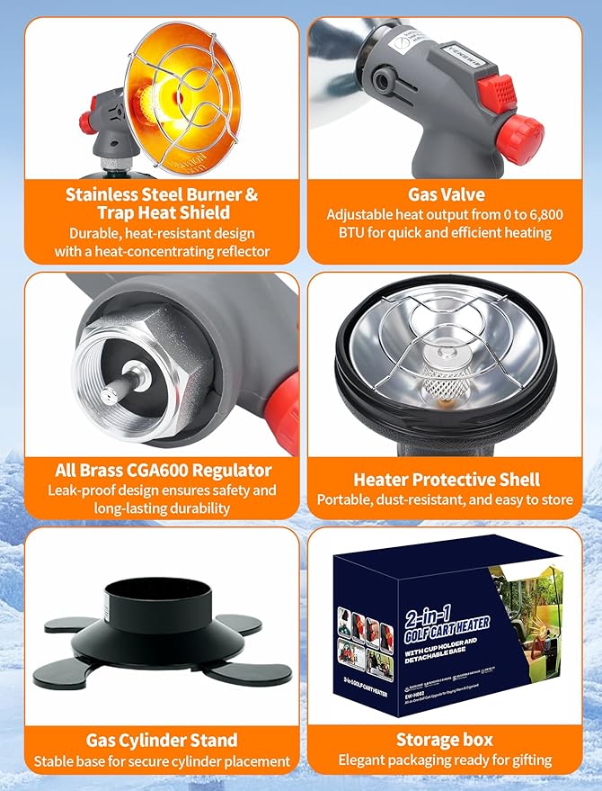 2-in-1 6800 BTU Golf Cart Heater Propane with Storage Box, Adjustable Cup Holder & Camping Base, Compatible with EZGO, Club Car, Yamaha, and More, Golf Cart Accessories (Propane Tank Not Included)