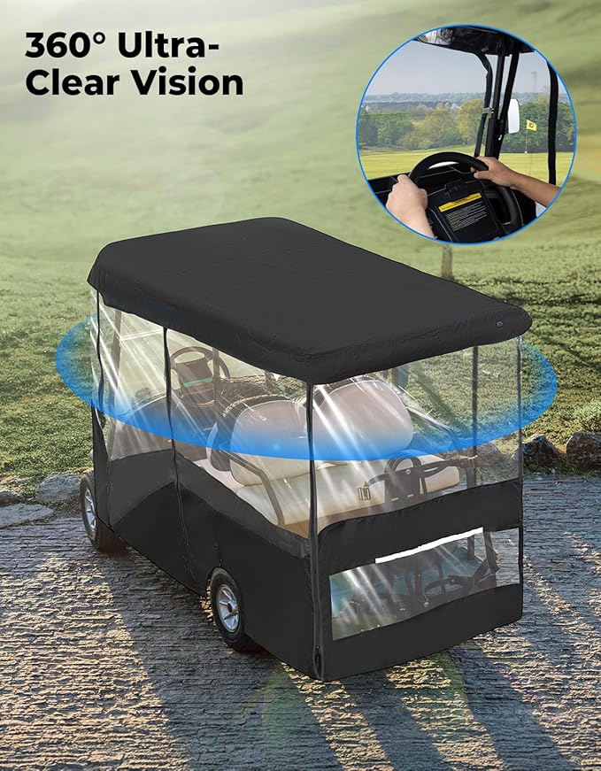 KEMIMOTO Golf Cart Enclosure, 4&6 Passenger Golf Cart Rain Cover, 600D Waterproof Driving Enclosure with Clear PVC Windshield for Extended Roof Cart