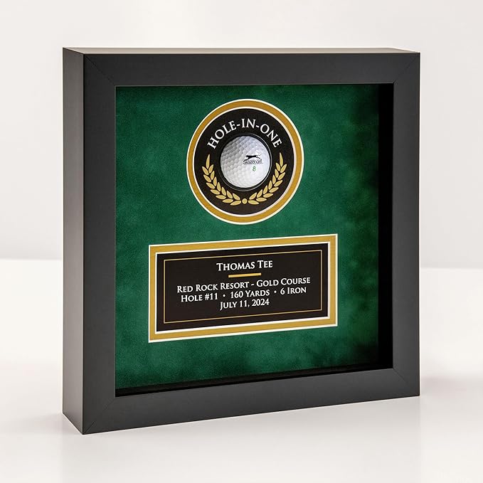 MASTERPIECE FRAMING + IMAGING Hole-in-One Golf Display Case Frame for Ball & Printed Graphic Info Insert (Sport, Green Suede)
