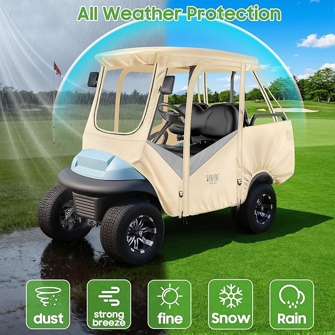 10L0L 4 Passenger Golf Cart Driving Enclosure for Club Car Precedent with Short Roof Up to 57", 4-Sided Clear Window 600D Rain Cover All Weather Windproof Waterproof - Beige with Grey
