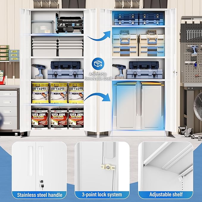 Greenvelly White Metal Storage Cabinet, 72" Locking Storage Cabinets with Doors and 4 Shelves, Tall Tool Storage Cabinet for Garage, Steel Lockable File Cabinet Metal Locker for Home Office, Classroom