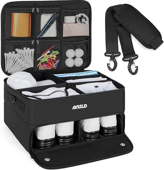ANILD Golf Trunk Organizer, 2 Layer Golf Storage Case with Separate Ventilated Compartment for 2 Pair Shoes, for Balls, Tees, Clothes, Gloves, Accessories, Golfer Gifts