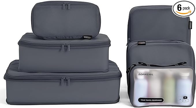 6 Set Compression Packing Cubes for Travel, Large Medium Small Luggage Organizers, Storage Bags for Clothes and Essentials (6 Pack, Charcoal Gray)