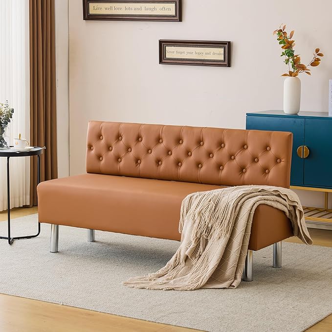 OmySalon Waiting Room Bench with Back, 58.6’’ Office Guest Chair Upholstered Reception Seating, Lobby Furniture for Beauty Salon Barbershop Airport Bank Hall Room Conference, Button Tufted, Brown