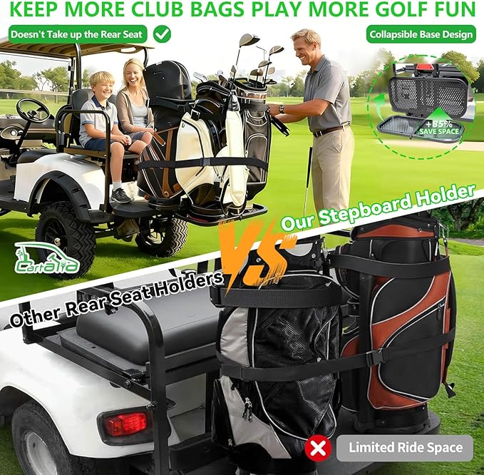 Golf Cart Bag Holder Bracket Upgraded Metal Attachment for 2+2 Rear Seat with 1 Inch Square Rail Golf Cart, No Drilling Required Golf Bag Rack for EZGO Club Car Yamaha Included All Hardware
