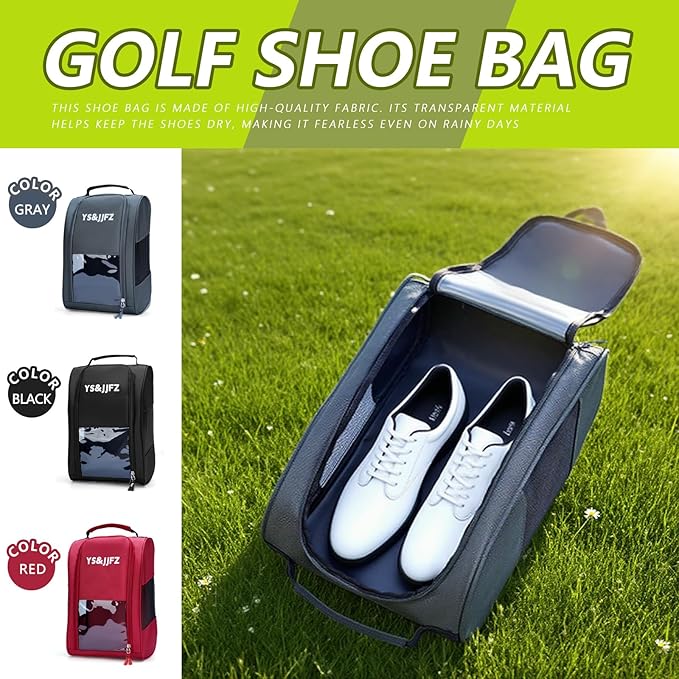 YS&JJFZ Golf Shoe Bag, 2 Pcs Golf Shoes Bag Men/Women Outdoor Zippered shoe bags for travel Tote with Ventilation, 2-sided breathable mesh fabric, front transparent visible film