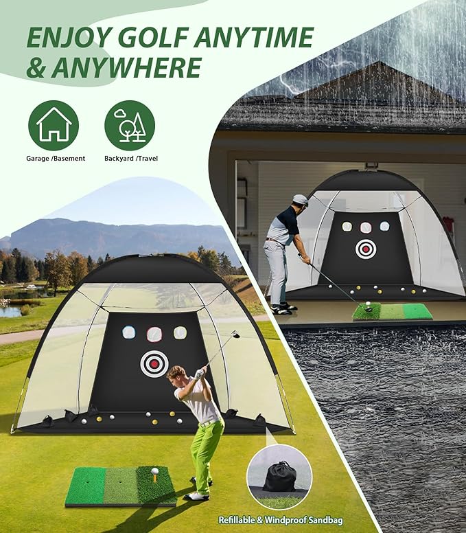Golf Net, 10x7ft Golf Hitting Aid with Foldable Tri-Turf Mat, Designed for Outdoor & Indoor Use, Practice Nets for Backyard Driving Real Balls, Ideal Gifts for Men Dad Husband & Golfers