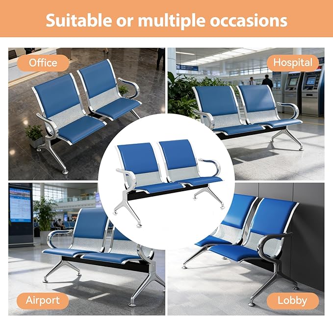 Kinfant 8-Seat Waiting Room Chairs with Arms – Heavy-Duty Steel Frame PU Leather Back & Cushioned Seat, Ergonomic Office Reception Guest Chair for Lobby, Clinic, Airport, Blue