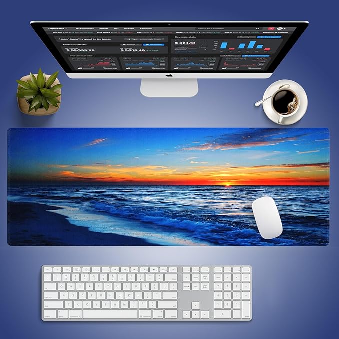 Wknoon. Extra Large Gaming & Office Mouse Pad (31.5" x 11.8") with Durable Stitched Edges – Sunset Glow Over The Blue Ocean Wave Scene, Anti-Slip Base & Smooth Fabric Surface Extended XXL Desk Mat