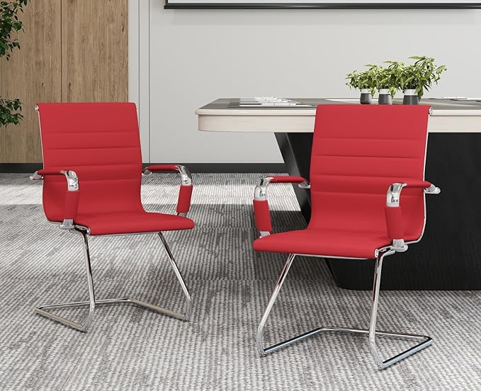 CIMOTA Waiting Room Chairs Leather Office Guest Chair Mid Back Reception Chairs with Sled Base for Meeting/Patient/Conference Room, Red Set of 4