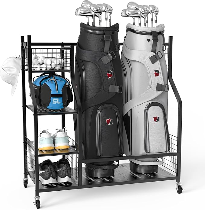 PLKOW Golf Bag Storage Garage Organizer, Extra Large Size Golf Bag Storage Stand and Golf Equipment Rack for Garage,Shed, Basement