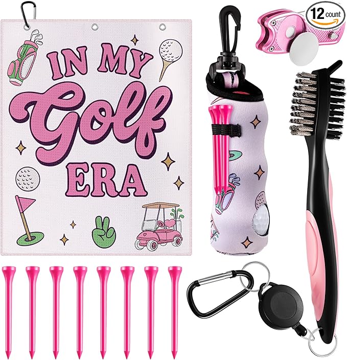 Liliful 12 Pcs Golf Accessories Kit, Include Golf Ball Bag with Hook Towel Tees Magnetic Ball Marker Divot Tool Cleaner Brush for Women Man Gifts