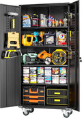 Greenvelly Metal Storage Cabinet with Wheels, Lockable 72" Black Metal Garage Cabinets with 2 Doors and 4 Adjustable Shelves, Rolling Steel Tool Cabinet for Garage, Home Office, School