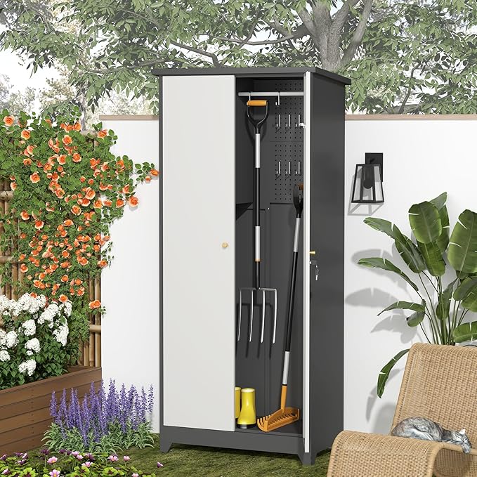 GREATMEET 72.8" Outdoor Broom Storage Cabinet, Metal Storage Cabinets for Cleaning Supplies with Slanted Roof, Waterproof Outdoor Slim Shed,Utility Closet for Broom Mop, Grey&White