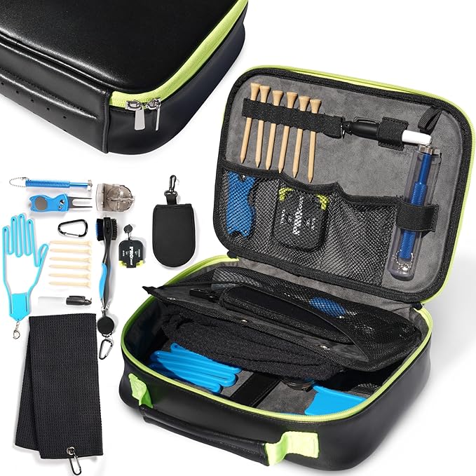 GAIARENA Golf Essential Accessories Kit with Luxury Carrying Case Bag, Golf Gift for Golfers, Golf Ball Liner Towel Cleaning Brush Divot Repair Tool Club Groove Sharpener
