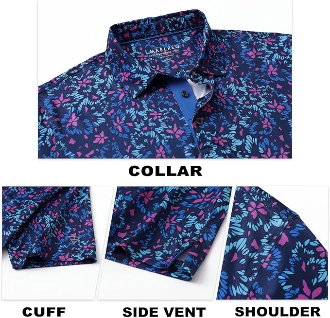 M MAELREG Mens Golf Shirt Short Sleeve Dry Fit Print Moisture Wicking Performance Patterns Collared Polo Shirt