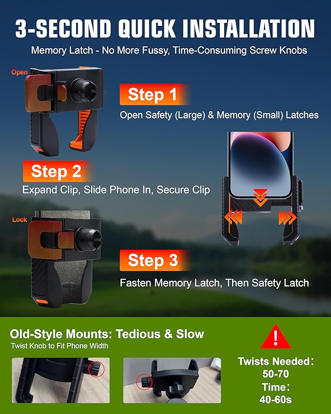 XEEP Golf Cart Phone Holder Mount, 3s Phone Clip Install, 1s Lock & Release, 360° Rotation Golf Phone Holder for Ezgo Club Car Yamaha, Golf Cart Accessories for All 4.5-7" Smartphones
