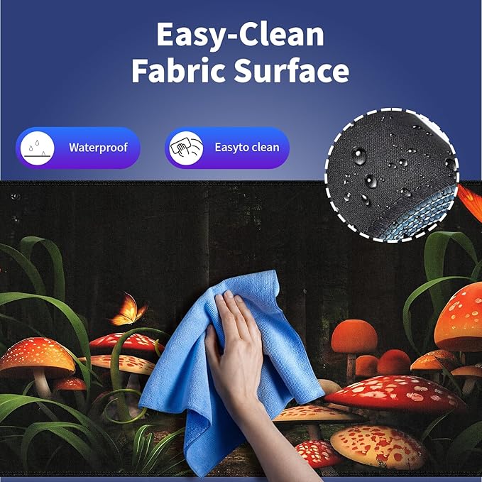 Extended XXL Gaming Mouse Pad with Stitched Edges for PC Home & Office - Mushrooms in Deep Dark Forest Fantasy Nature Earth Path Mystical Design, Smooth Fabric Surface Anti-Slip Base Large Desk Mat