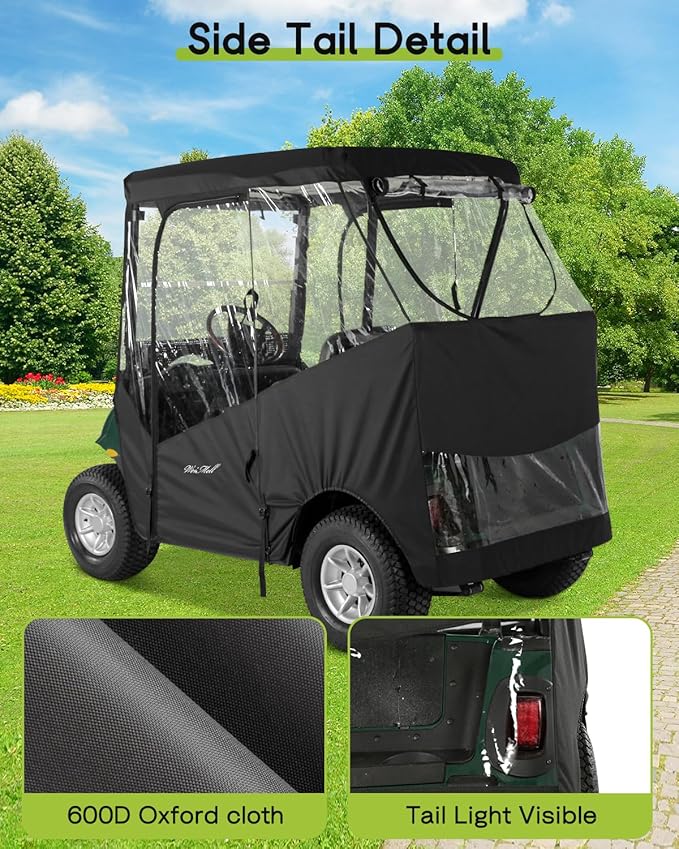 Golf Cart Enclosure 2 Passenger for EZGO TXT RXV 2-Seater 600D Waterproof Transparent Driving Rain Cover 57.5 Inch Roof 4-Sided Clear Windows Roll-Up Door Black