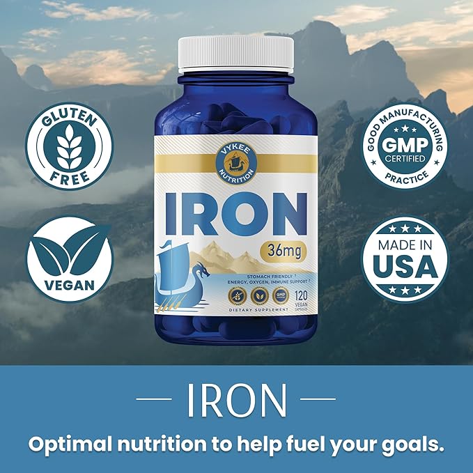 Vykee Nutrition Iron Supplement – 36mg Iron (as Bisglycinate) | High Absorption, Gentle On Stomachs | Vegan, Non-GMO | Supports Energy, Immune Health & Red Blood Cell Formation | 120 Capsules