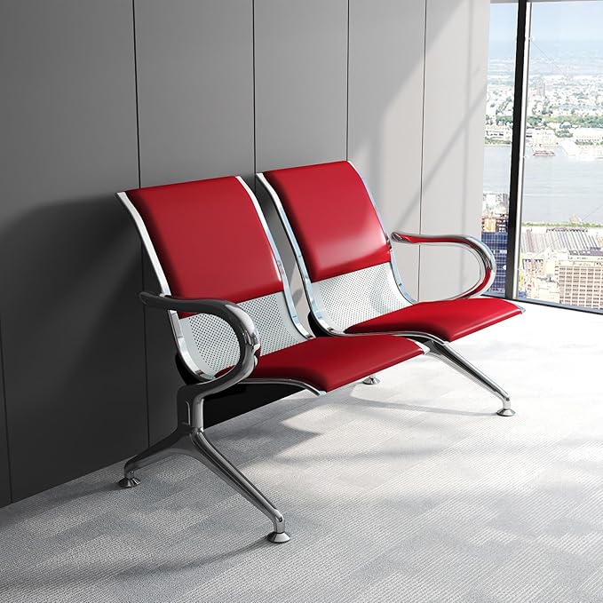 Kinfant 4-Seat Waiting Room Chairs with Arms – Heavy-Duty Steel Frame PU Leather Back & Cushioned Seat, Ergonomic Office Reception Guest Chair for Lobby, Clinic, Airport, Red